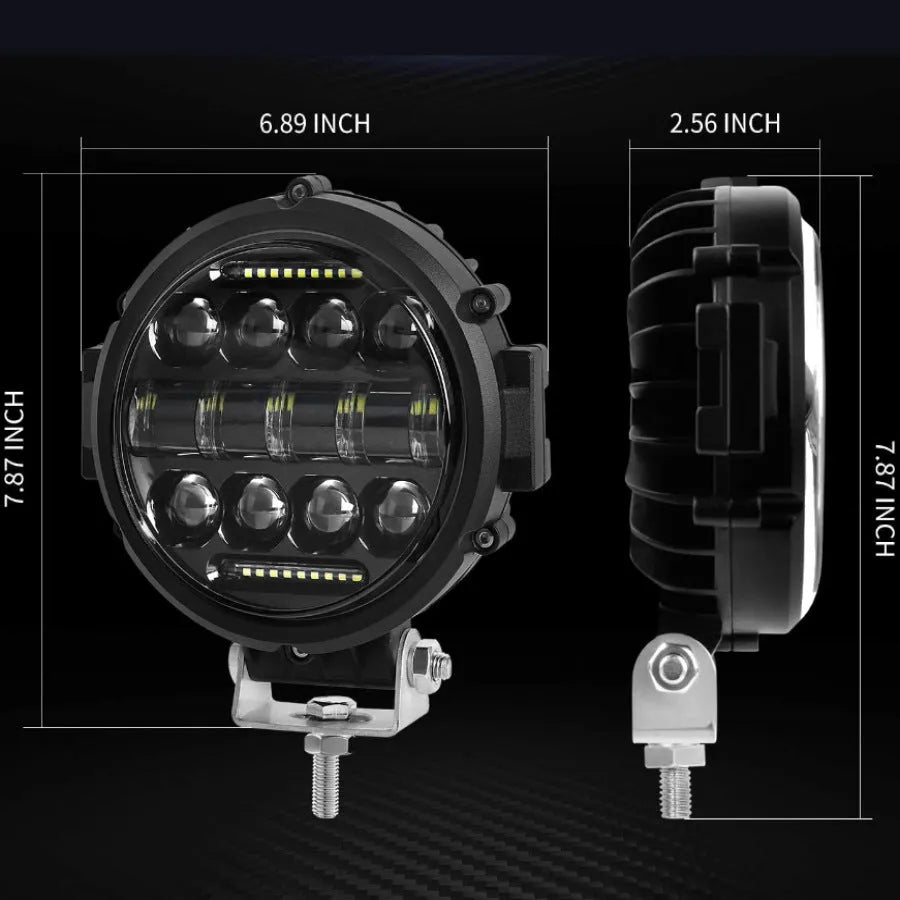 7-inch circular LED car headlight with black die-cast aluminium housing and PMMA lens on dark background