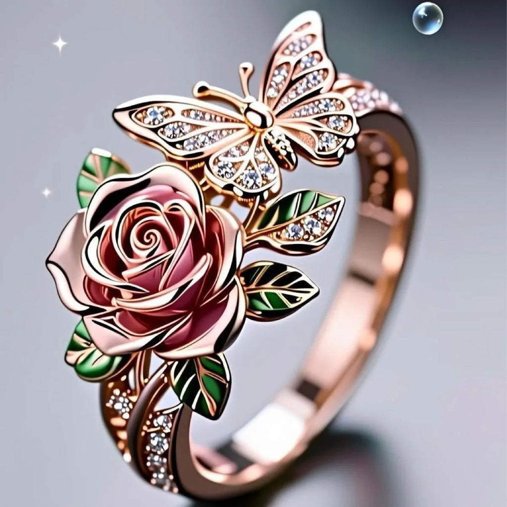 Adjustable fairy style ring with colourful oil drip butterfly and rose design on alloy metal