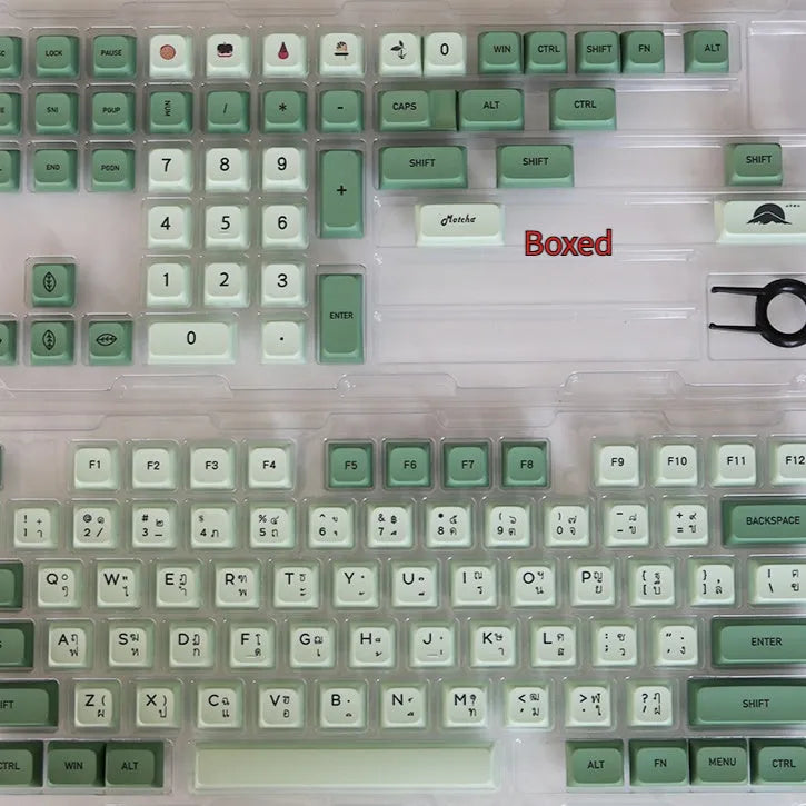 124-key matcha green PBT keycap set showing multiple international language layouts including Arabic and Korean.