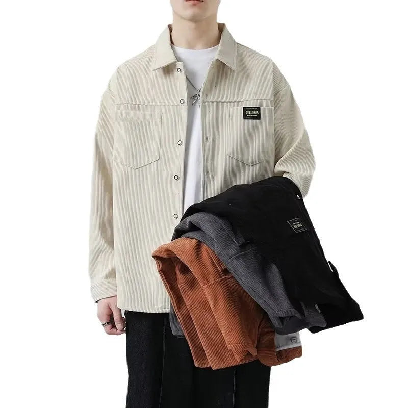 Men's corduroy casual jacket in cardigan style with long sleeves showing textured fabric