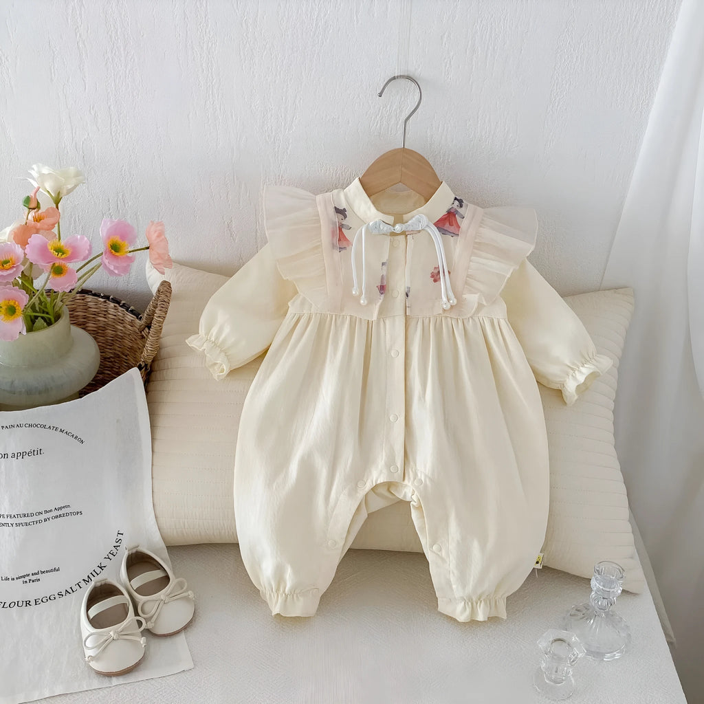 Baby cotton princess style jumpsuit in apricot with long sleeves pullover design