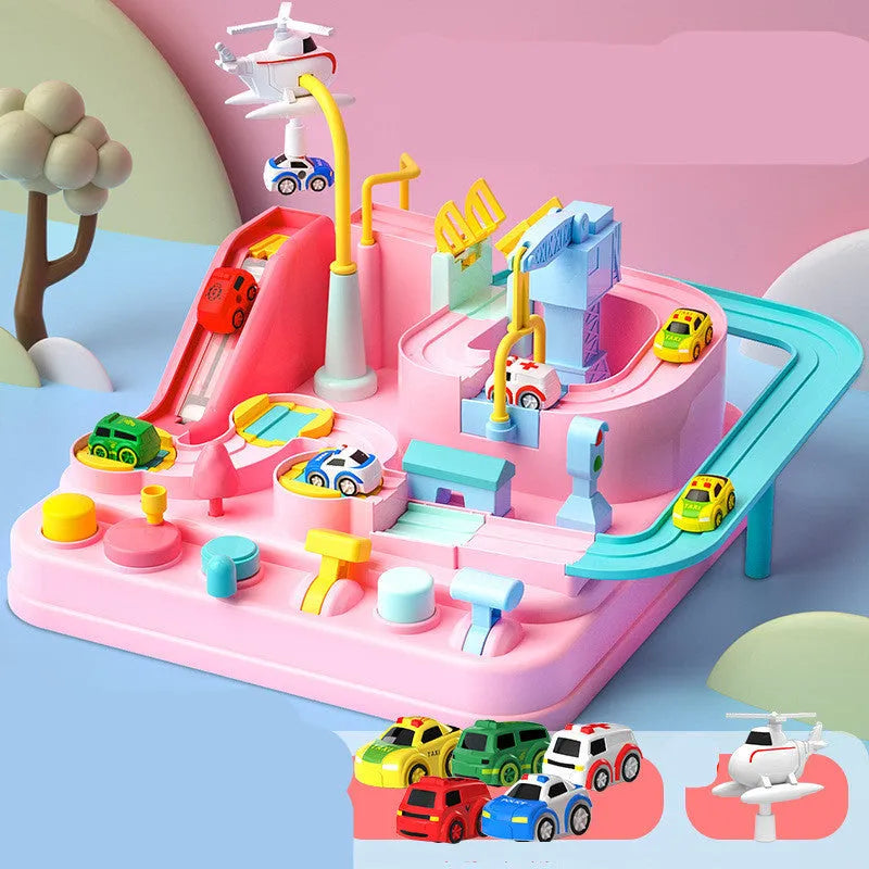 Big Adventure plastic toy set with multi-level parking garage, car tracks, and toy vehicles laid out for play.
