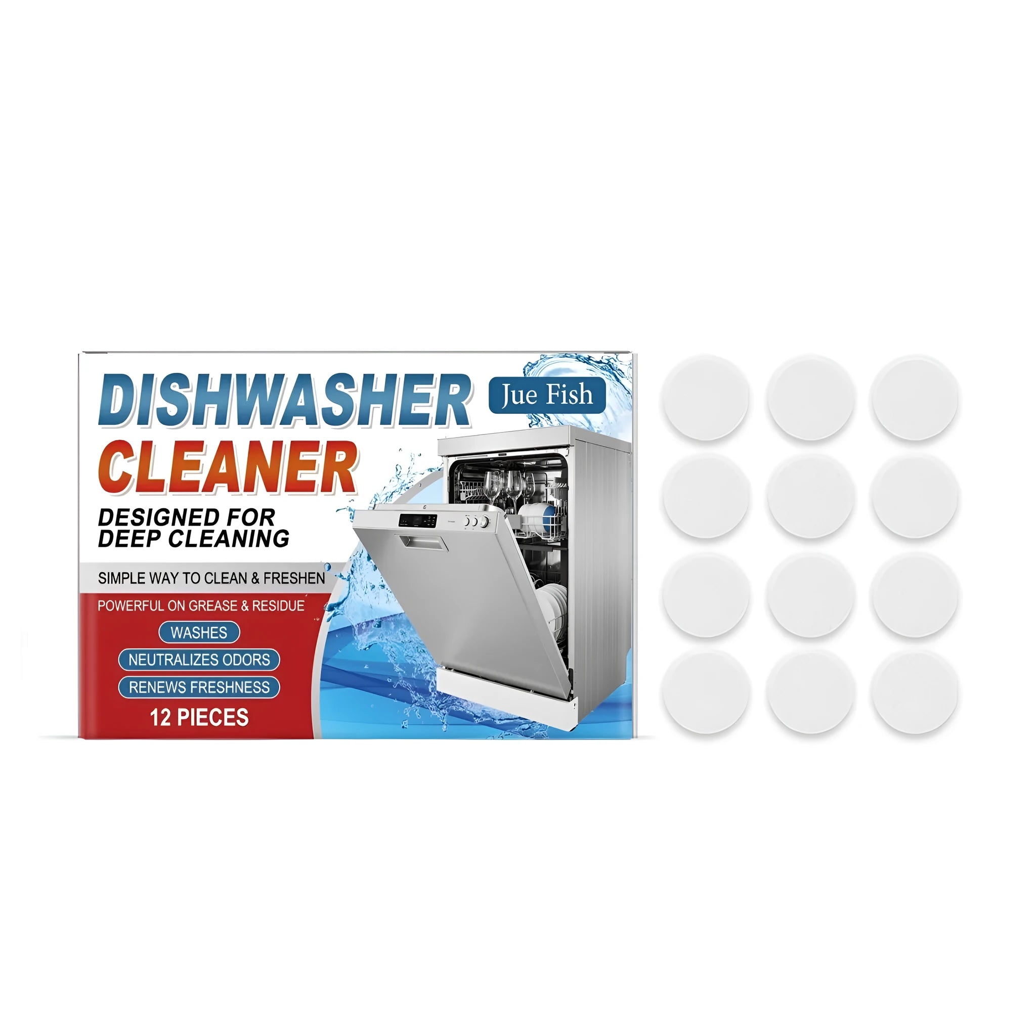 Pack of 12 individually wrapped dishwasher cleaning tablets for limescale and grease removal