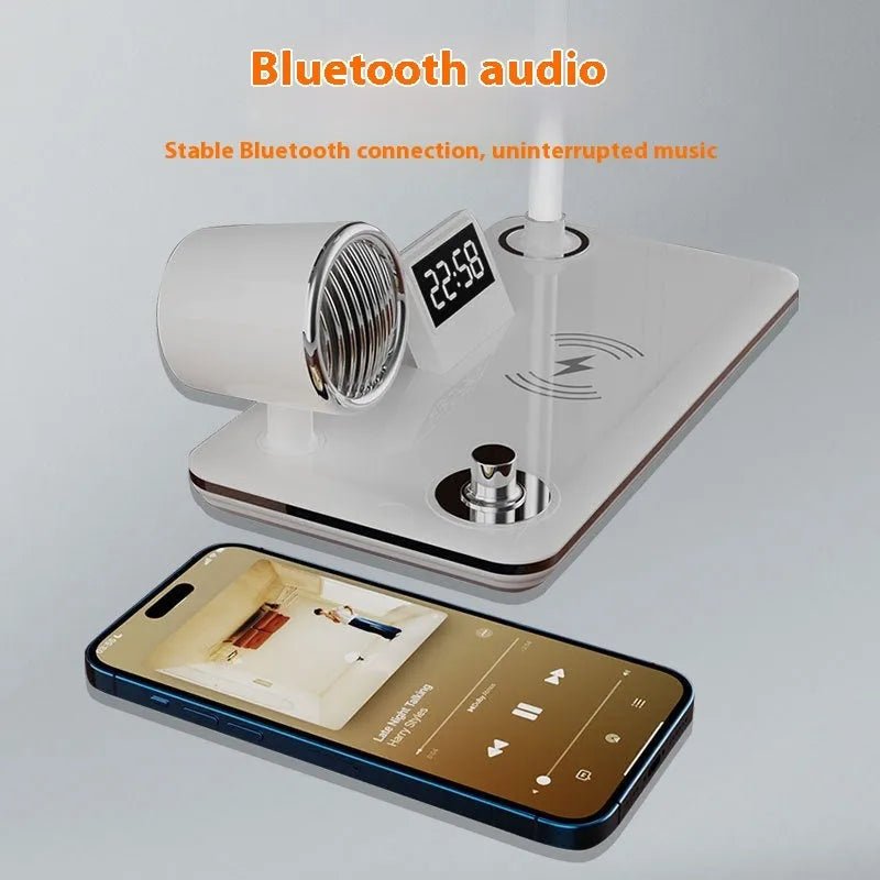 Black wireless charging desk lamp with digital clock display and adjustable LED lighting
