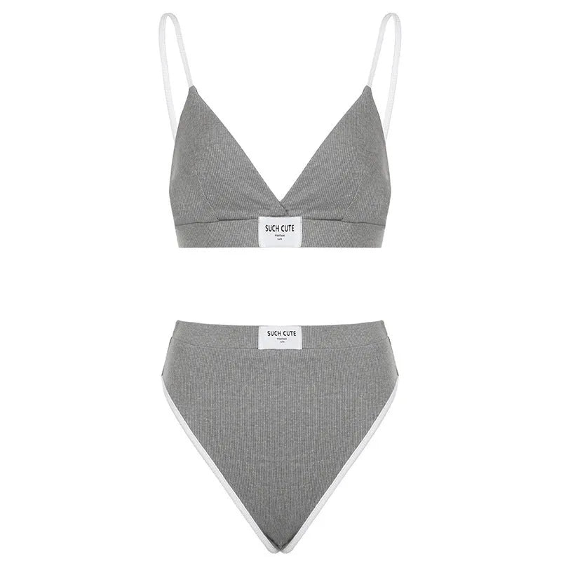 Women's embroidery contrast binding letters bikini set in black, grey or white polyester swimwear