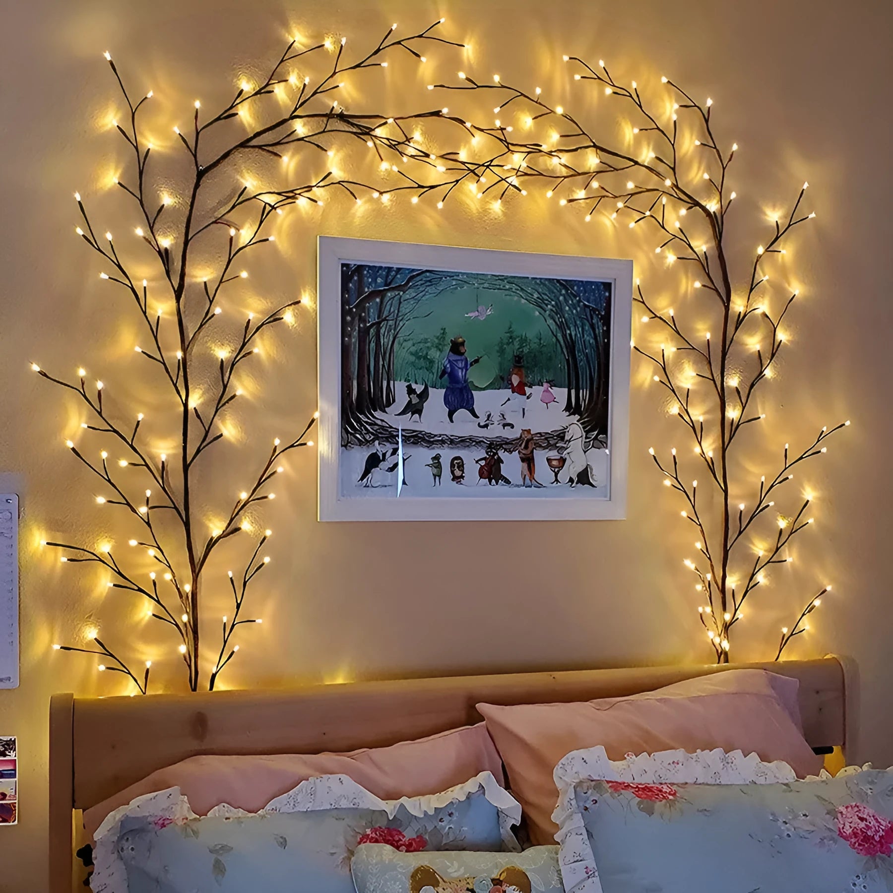 Flexible DIY willow vine Christmas garland with 144 warm white LED lights and birch bark texture.