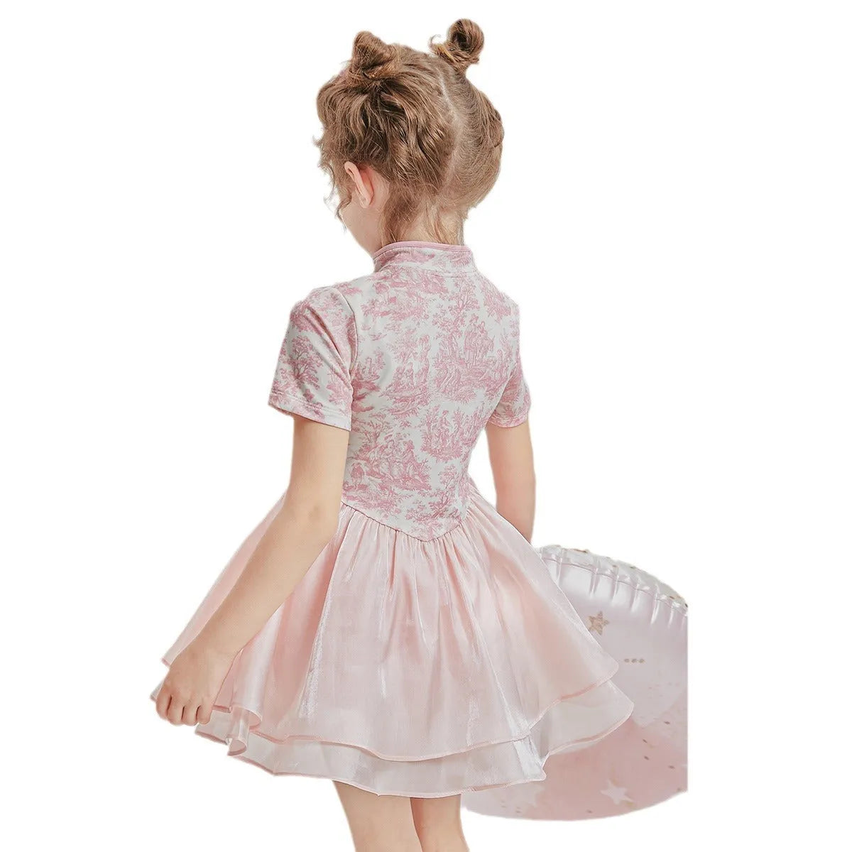 Children's patchwork two-piece swimsuit set with short sleeves, shown in a suit colour.