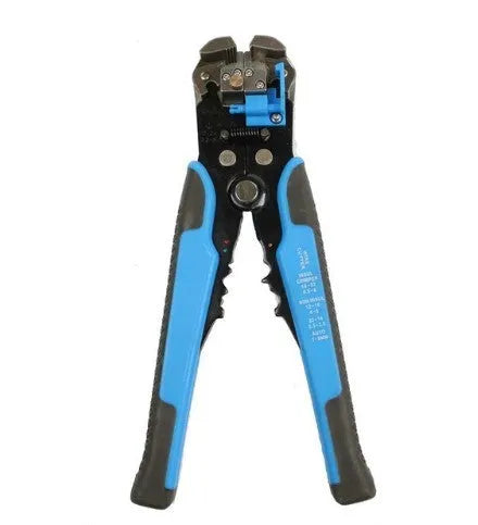 Yellow automatic cable wire stripper and crimping plier tool on a workbench.