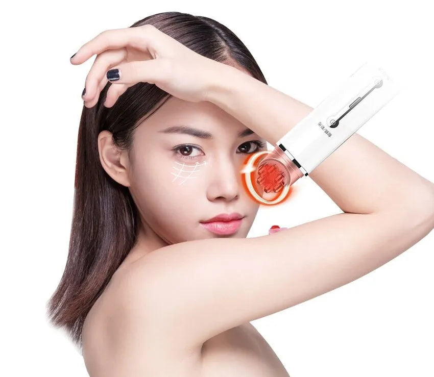 White EMS eye massager for dark circles and wrinkles with LED lights and hot compress, 94g portable device