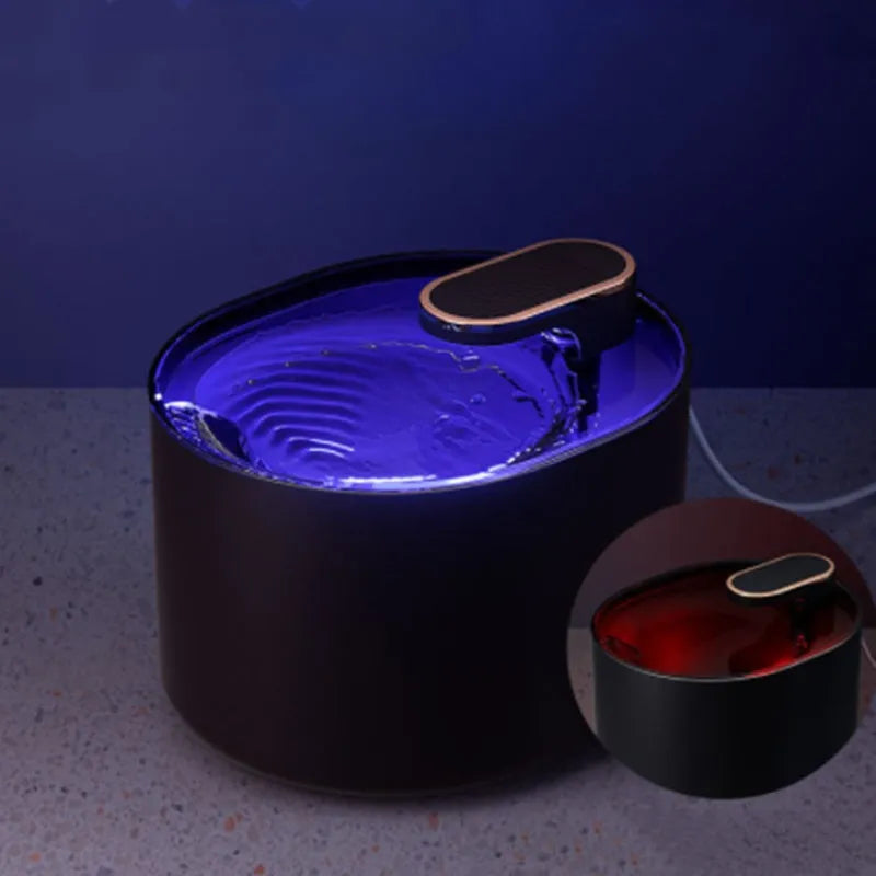 Automatic USB pet water fountain for cats and dogs in blue or white.