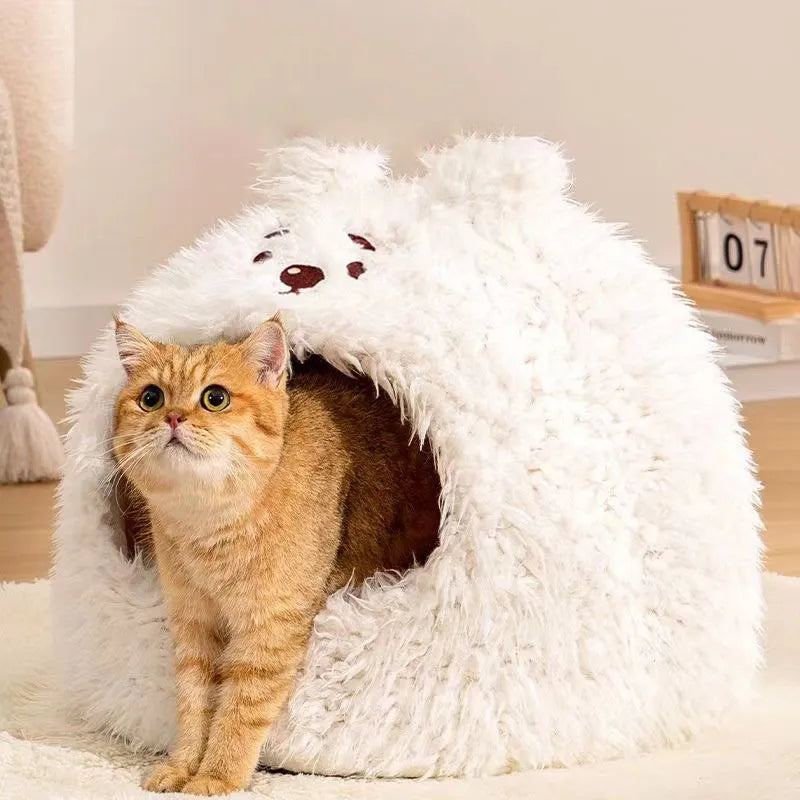 Semi-enclosed yurt-style cat litter kennel tent indoors, shown in bear, deer, and rabbit designs.