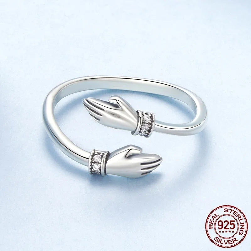 Silver simple hug ring with free size design and old processing finish on women's finger