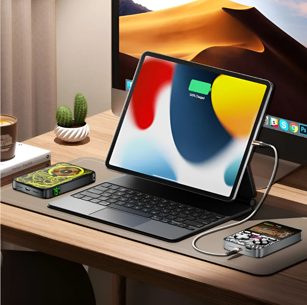 15W magnetic wireless fast charger portable battery for mobile phones compact size Black and Silver
