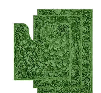 Chenille U-shaped three-piece bathroom carpet set in green beside a toilet.