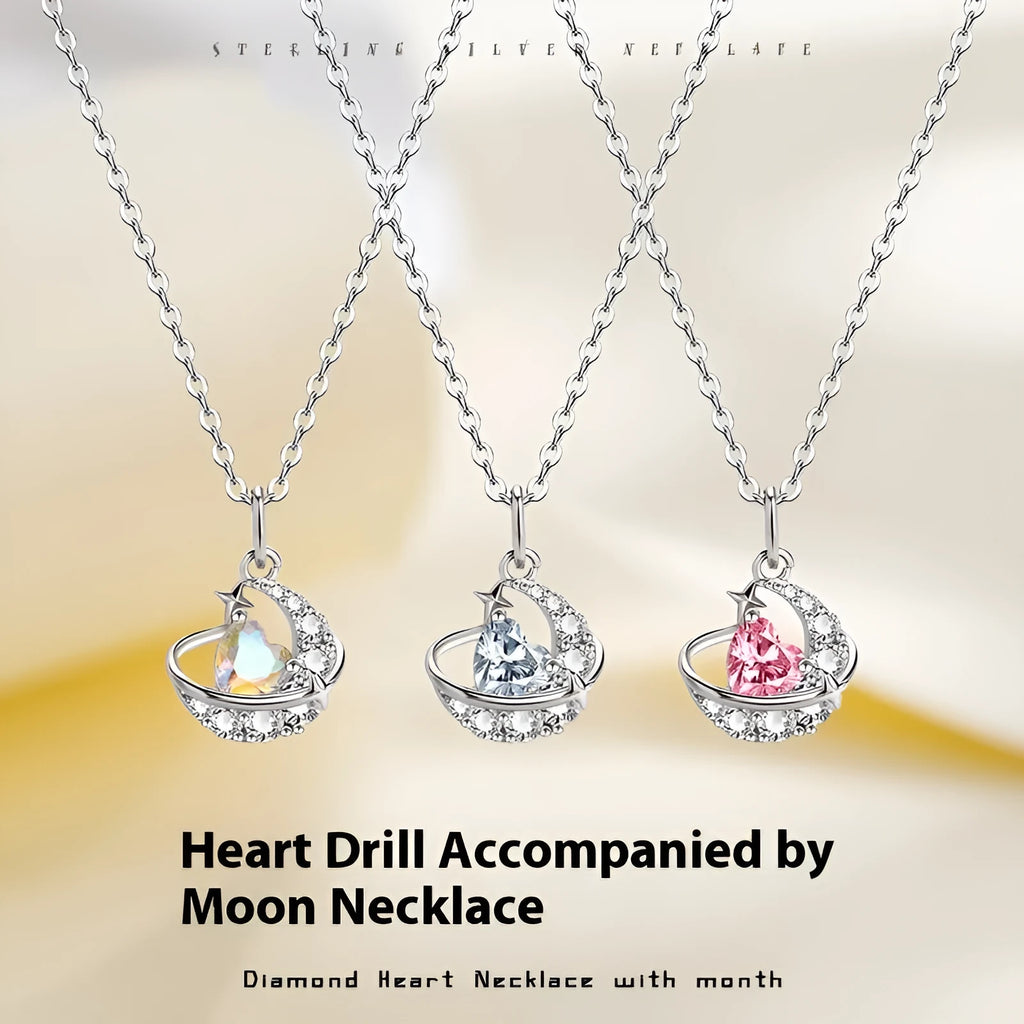 Design Sense moon heart clavicle chain necklace for women, copper with electroplated finish, white diamond inlay