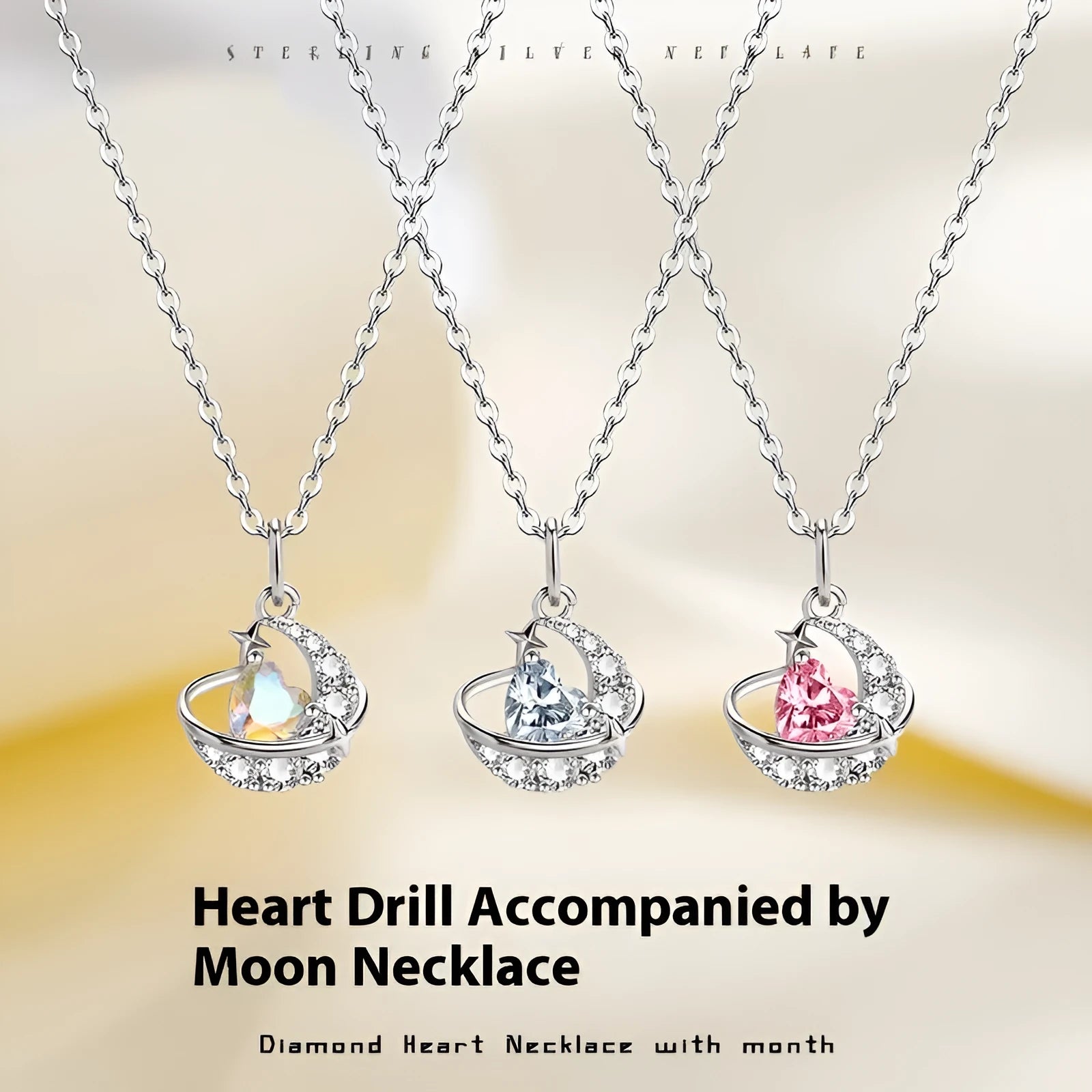 Design Sense moon heart clavicle chain necklace for women, copper with electroplated finish, white diamond inlay
