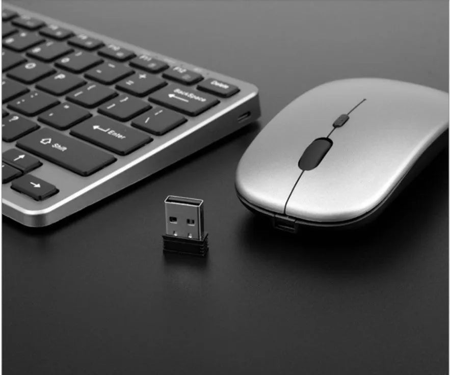Wireless Bluetooth keyboard and mouse set in silver white with 78 keys and USB charging ports