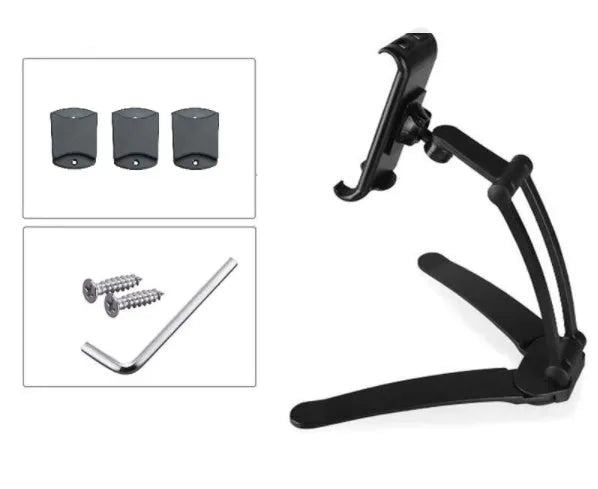 Silver aluminium desktop stand holding a tablet, showing 360-degree rotation and adjustable clamp mechanism.