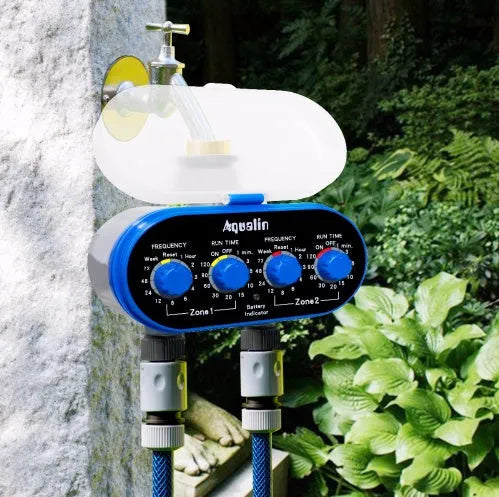 Dual timed irrigation controller with battery compartment for automatic garden watering systems