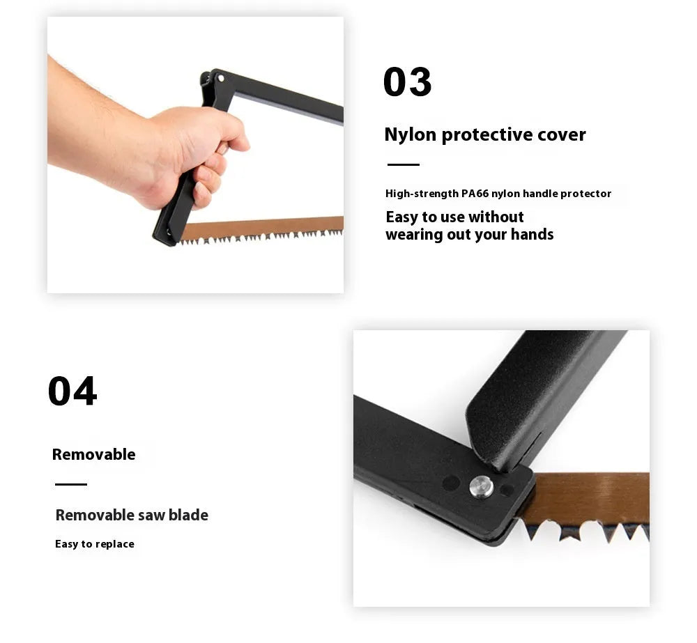 Black outdoor foldable saw with a PA66 nylon handle shown in both open and closed positions.