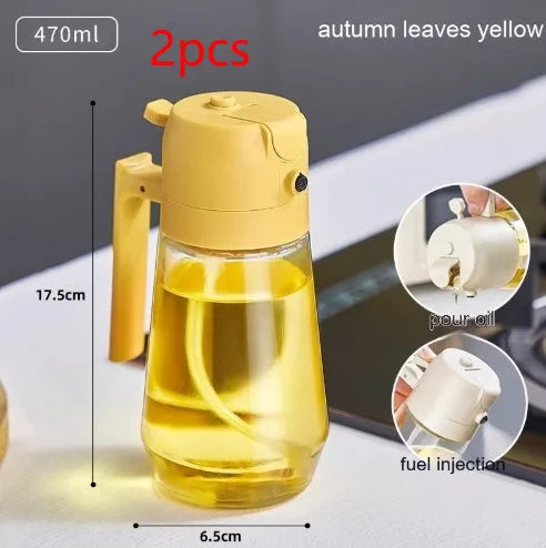 470ml glass oil sprayer and pour bottle in beige, black, green, and yellow colours with ergonomic handle