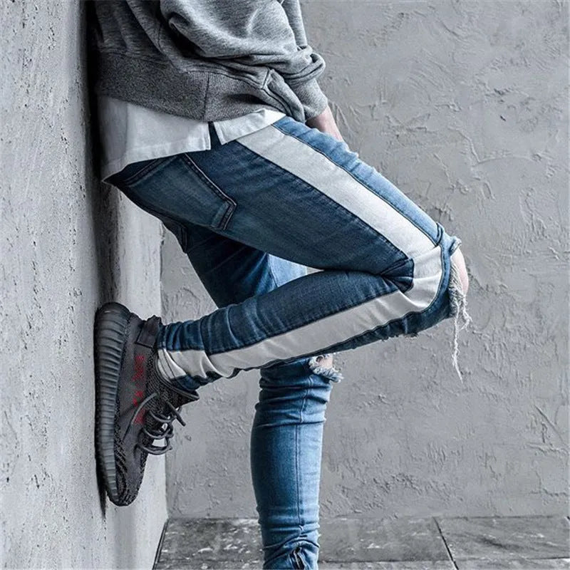 Men's ripped jeans black blue cotton slim fit distressed denim streetwear trousers