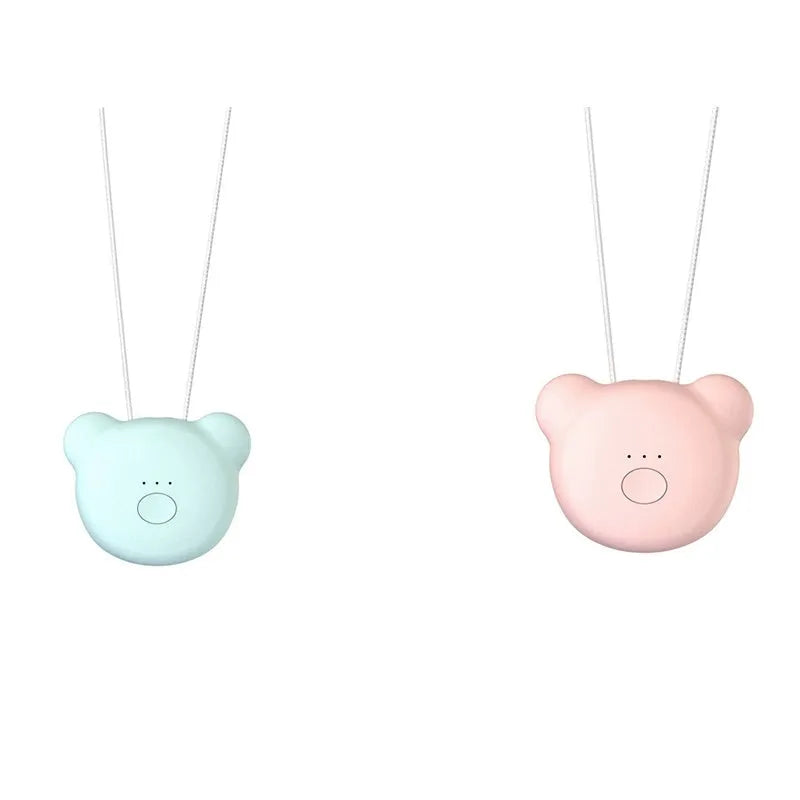 Compact USB-powered air purifier necklace in pink, showing wearable design and one-button control.