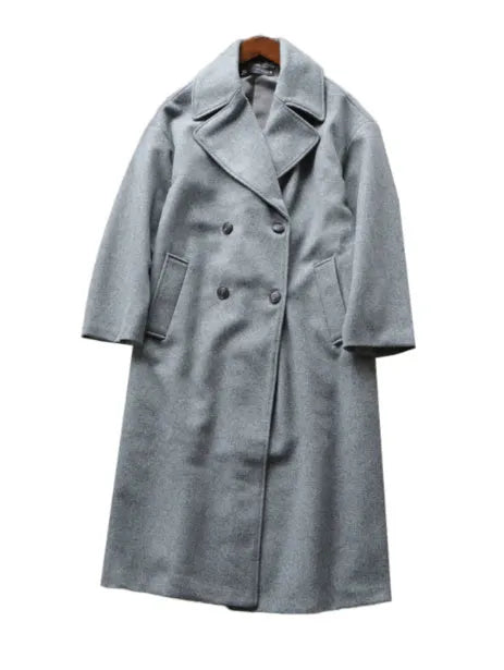 Gray mid-length double breasted woolen coat for women with button front and loose fit