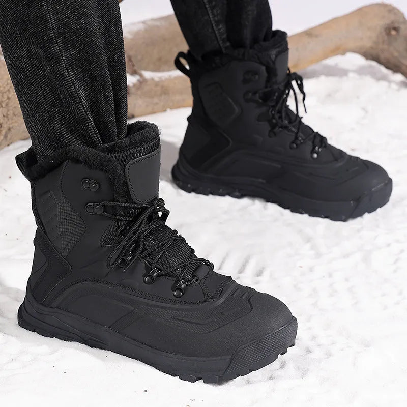 Men's black high-top lace-up boots with fleece lining and flat TPR sole