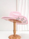 Beige wool felt western cowboy hat with a hexagonal star on the side, conical crown.