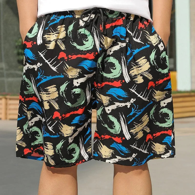 Men's striped ice silk beach trousers with elastic waist shown in loose fit