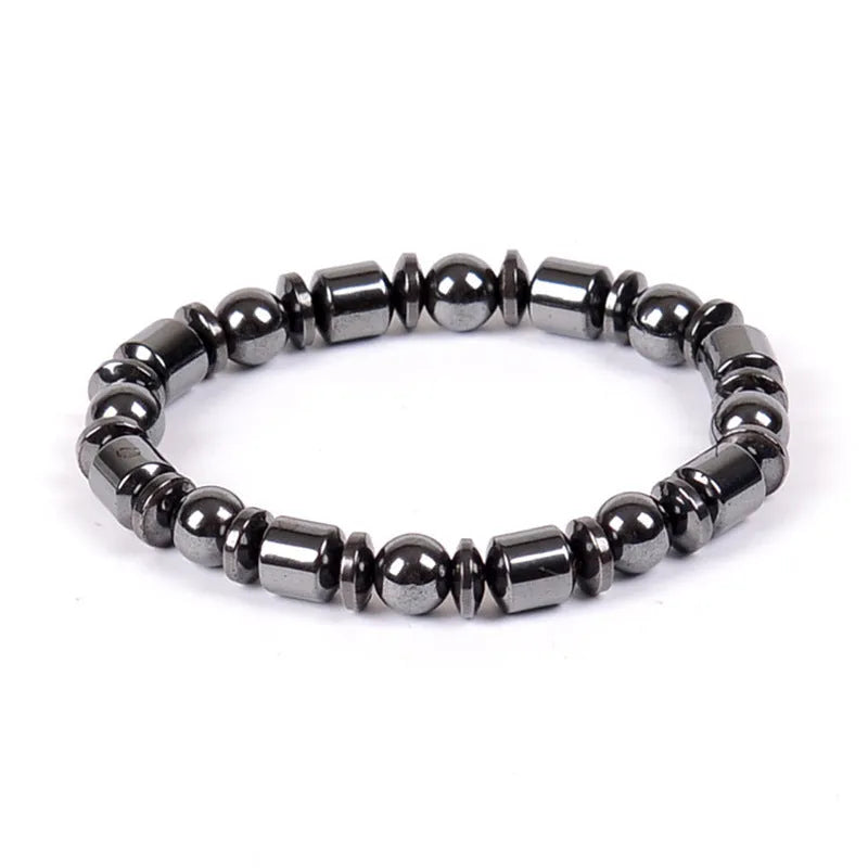 Black stretch magnetic therapy bracelet with pentagram magnetite and hematite stones for women and men