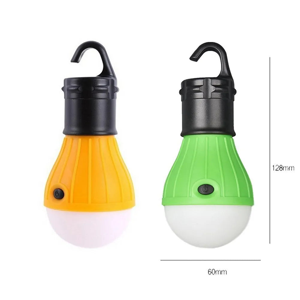 Portable LED camping light with hanging hook showing 11cm length and four colour options