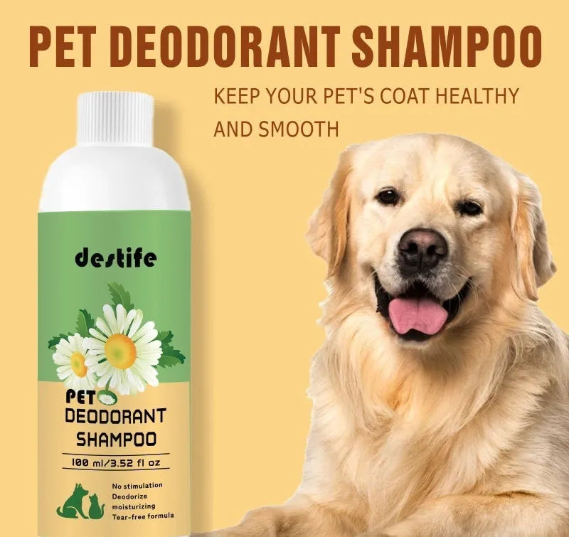 100ml bottle of deodorising shampoo and conditioner for washing dogs and cats.