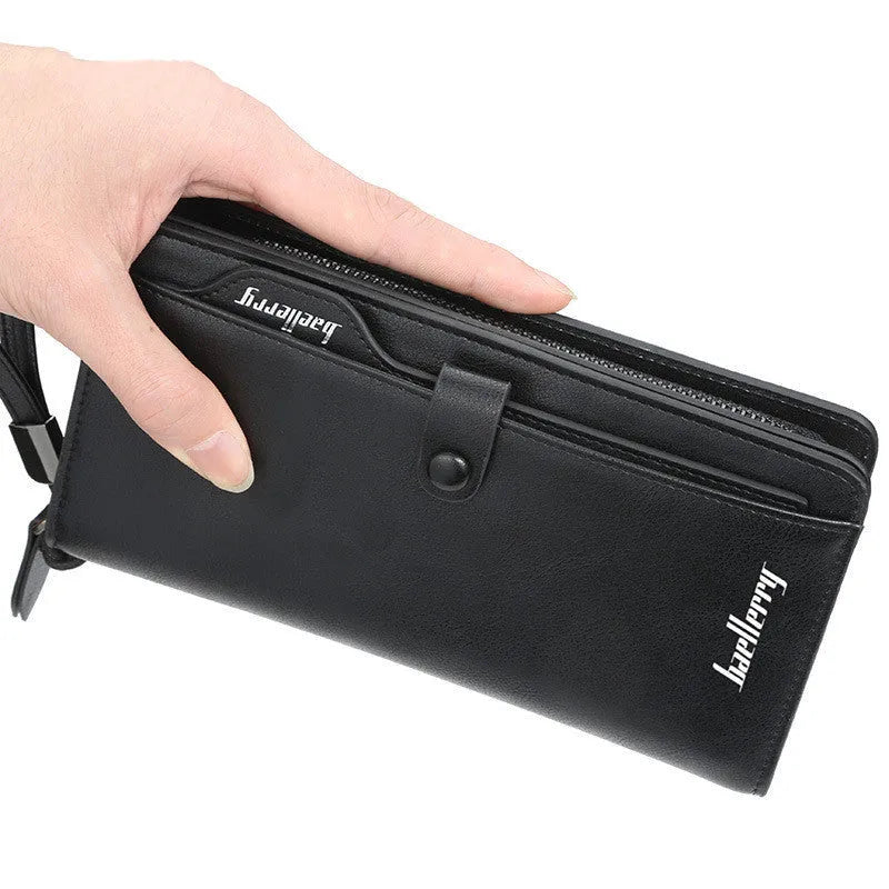 Men's retro multifunction phone bag wallet in brown PU leather with horizontal square design and multiple compartments