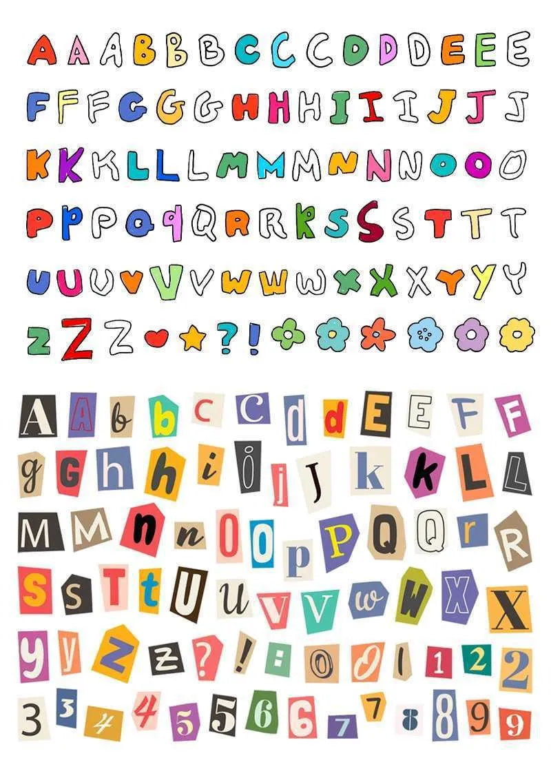 Pack of printed decorative stickers showing English letters, numbers, symbols, and weekly words in a cute style.