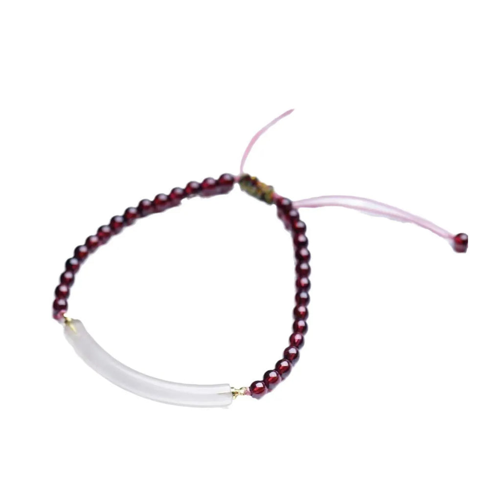 Red garnet and natural agate beaded bracelet with pull-adjustable closure on wrist
