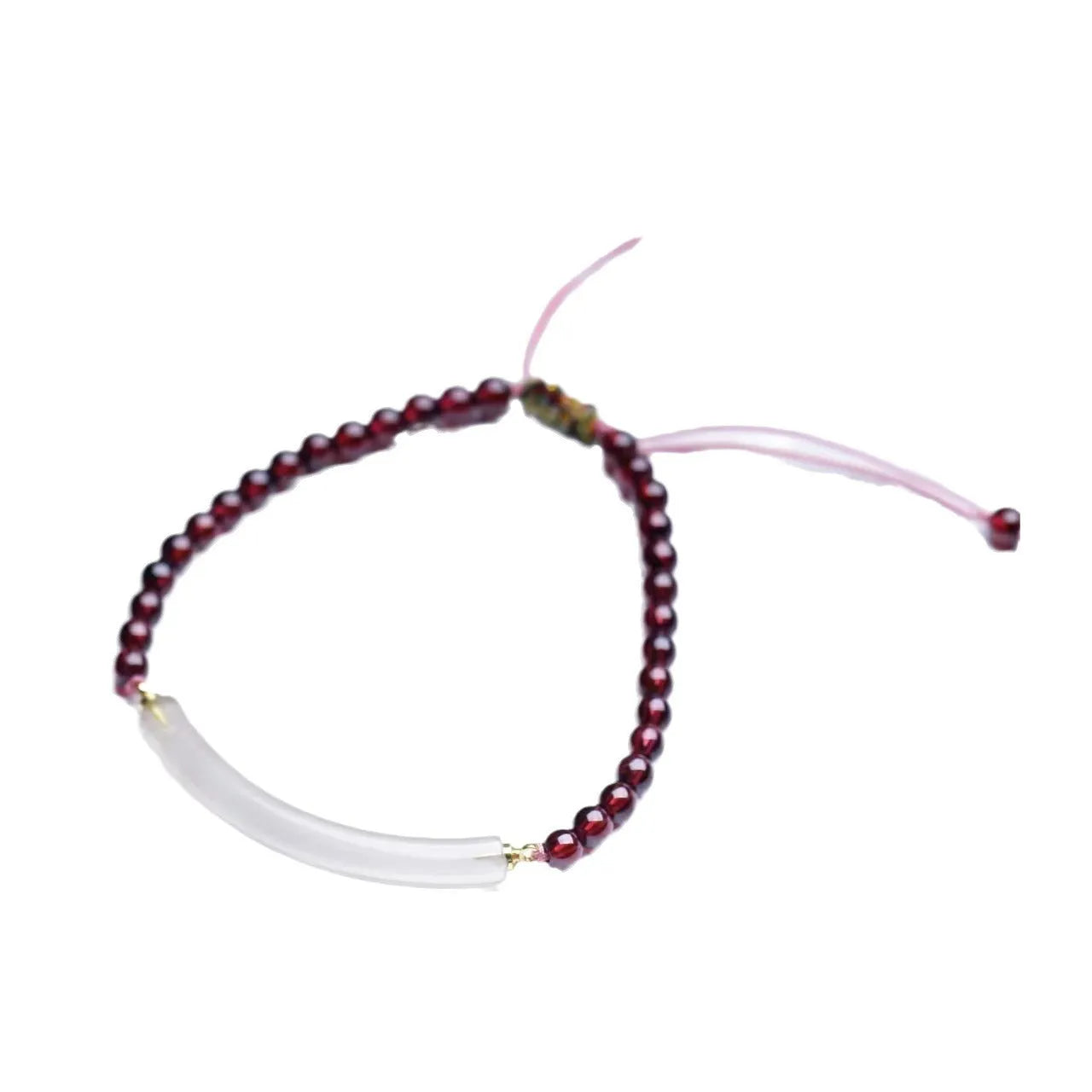 Red garnet and natural agate beaded bracelet with pull-adjustable closure on wrist