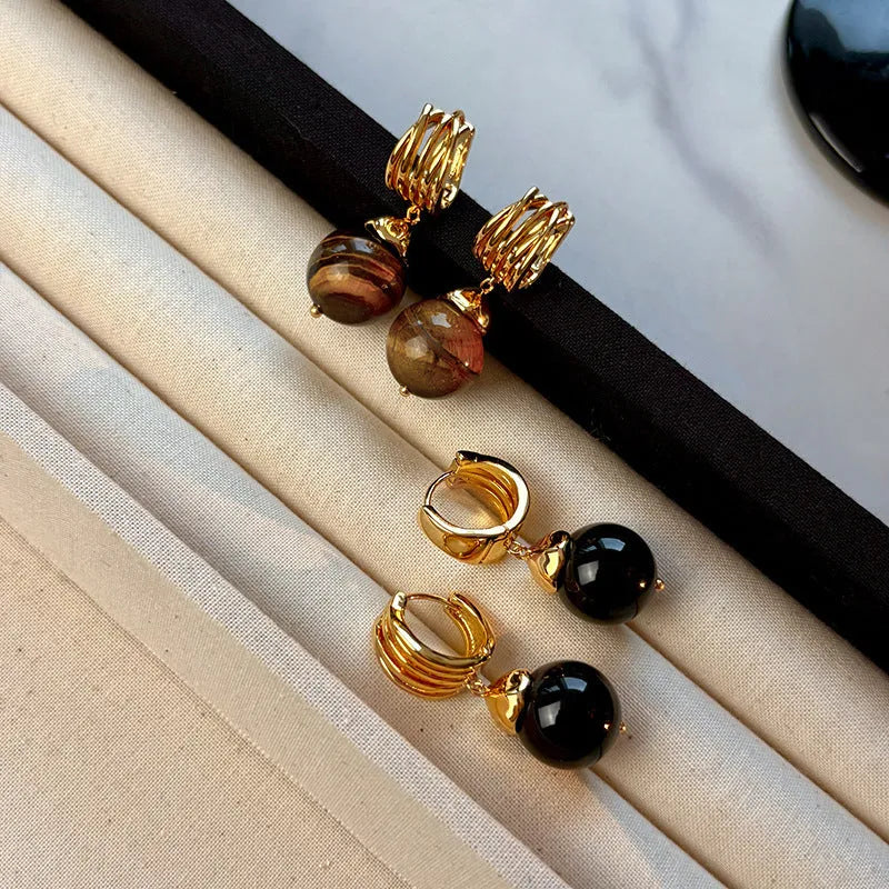 Gold plated tiger's eye geometric earrings in French retro style