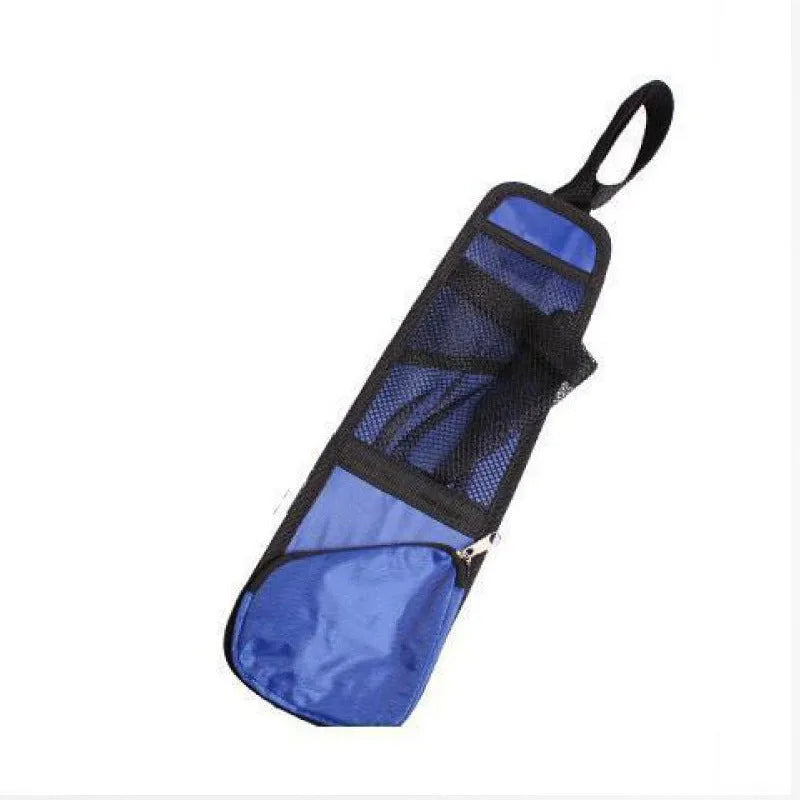 Black nylon car chair side bag with compartments for drinks and phone, attached to vehicle seat
