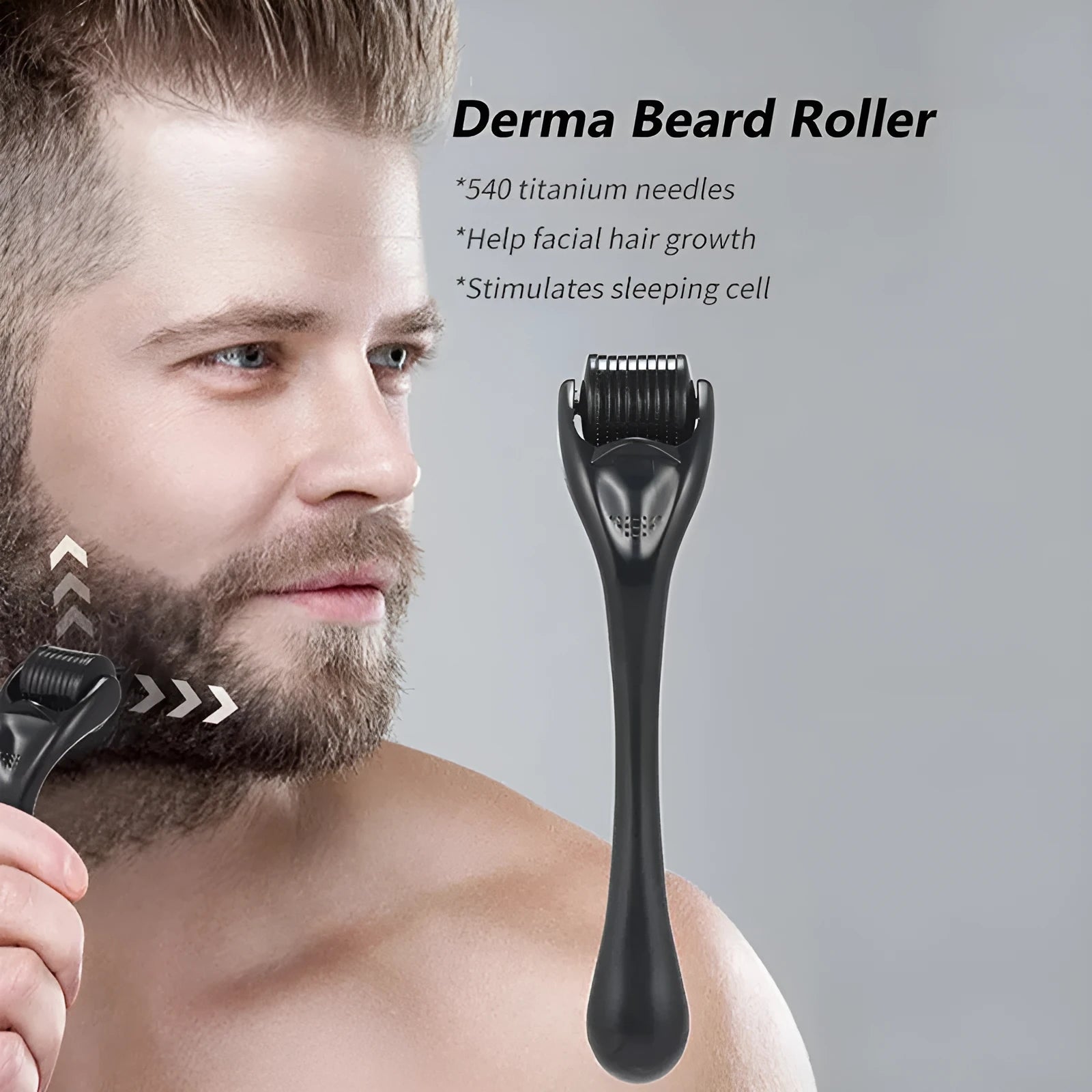 Black derma roller with titanium microneedle head and ergonomic handle, labelled with sizes A-F from 0.2mm to 1.0mm.