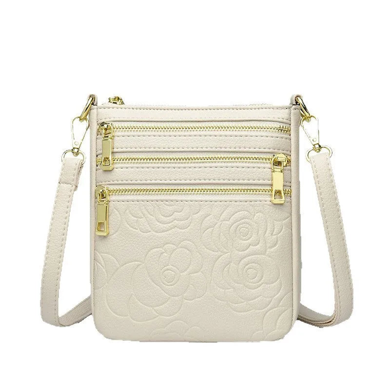 Five-layer mobile phone crossbody bag in beige with embossed PU leather and double shoulder strap