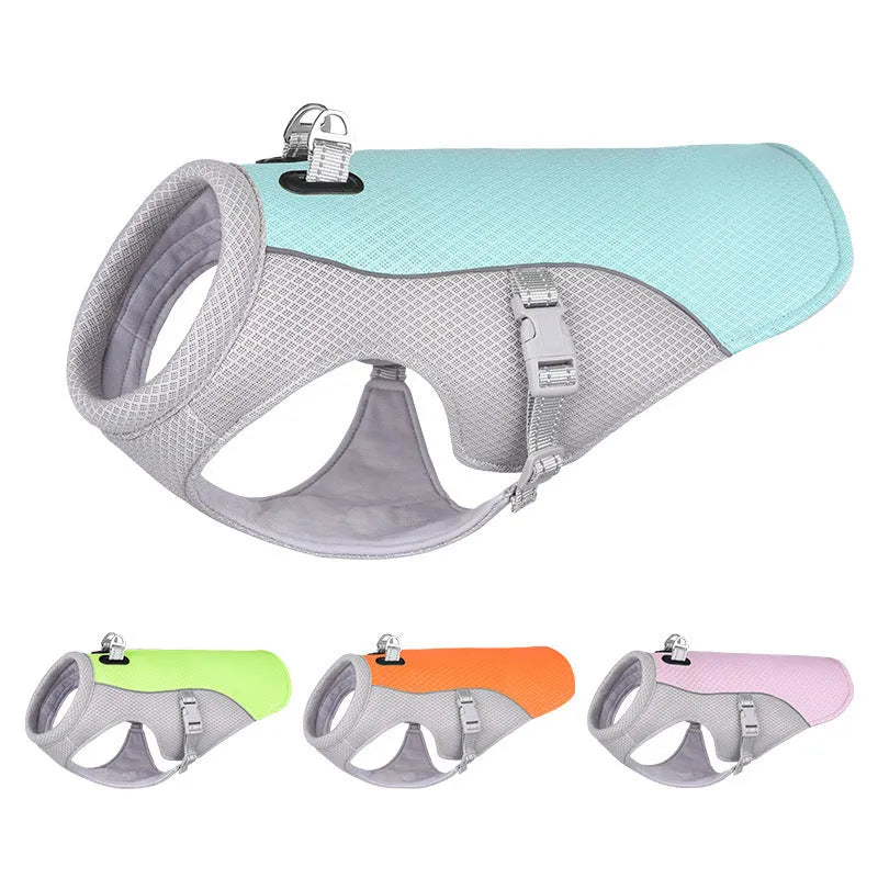 Orange polyester dog cooling vest showing layered construction for summer heat and sun protection.