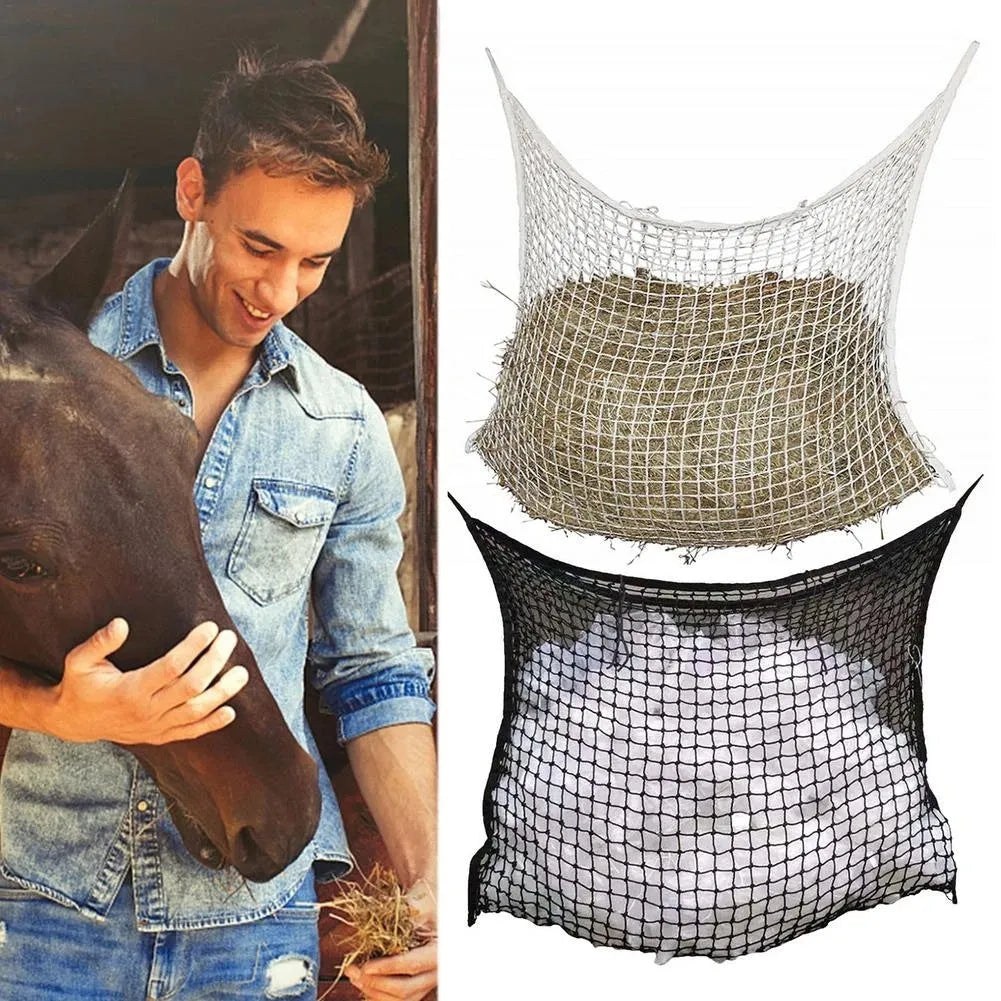 Woven PE rope grid pattern hanging feeding bag for livestock in multiple sizes