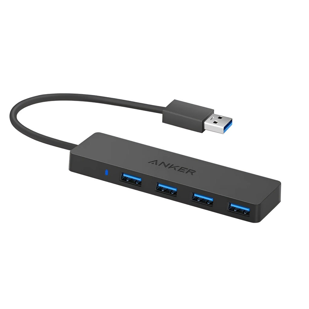 Black Anker 4-port USB 3.0 hub with aluminium casing and 20 cm connecting cable