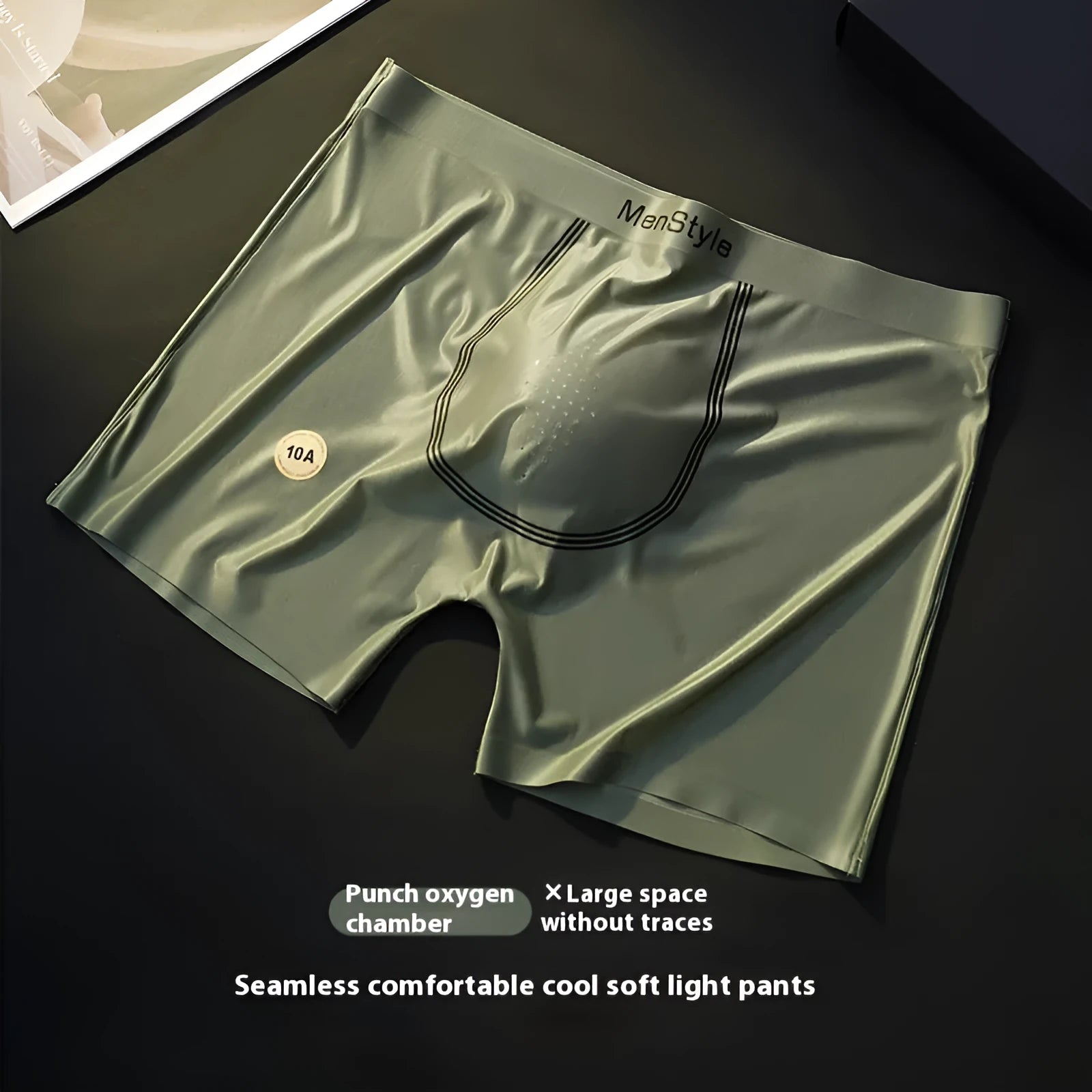 Men's seamless satin ice silk boxers in dark grey showing mid waist and single-layer crotch design