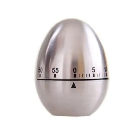 Stainless steel egg-shaped mechanical kitchen timer with dial showing 60-minute range