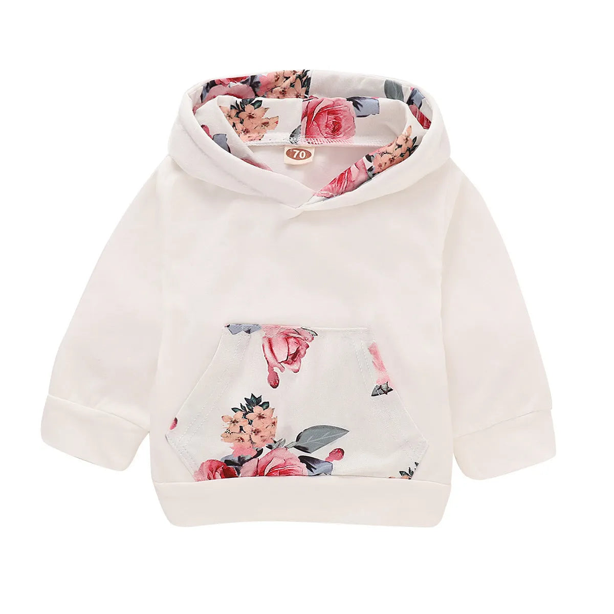 White cotton hooded romper suit for a baby girl with long sleeves and trouser legs.