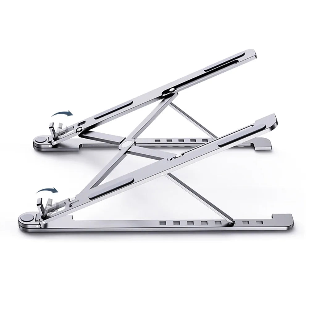 Aluminium foldable laptop stand in silver colour, shown open at an angle and folded flat.