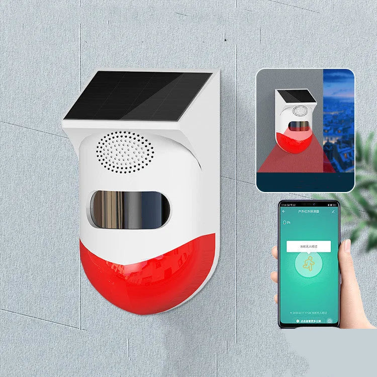 Solar-powered human body infrared sensing alarm with wireless remote control for outdoor property security